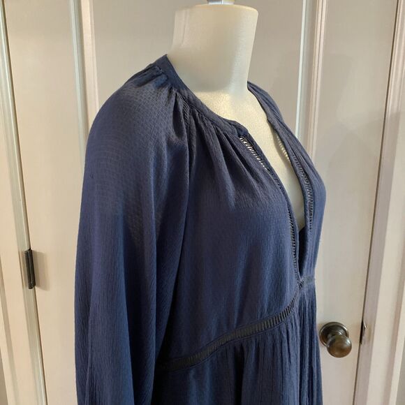 Free People Blue Go Lightly Swing Dress V Neck 3/4 Sleeve Boho-Size Small - Picture 6 of 16